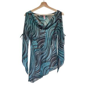 Women’s Heart Soul Aqua & Black Swirl Open Sleeve Asymmetrical Sheer Blouse Top